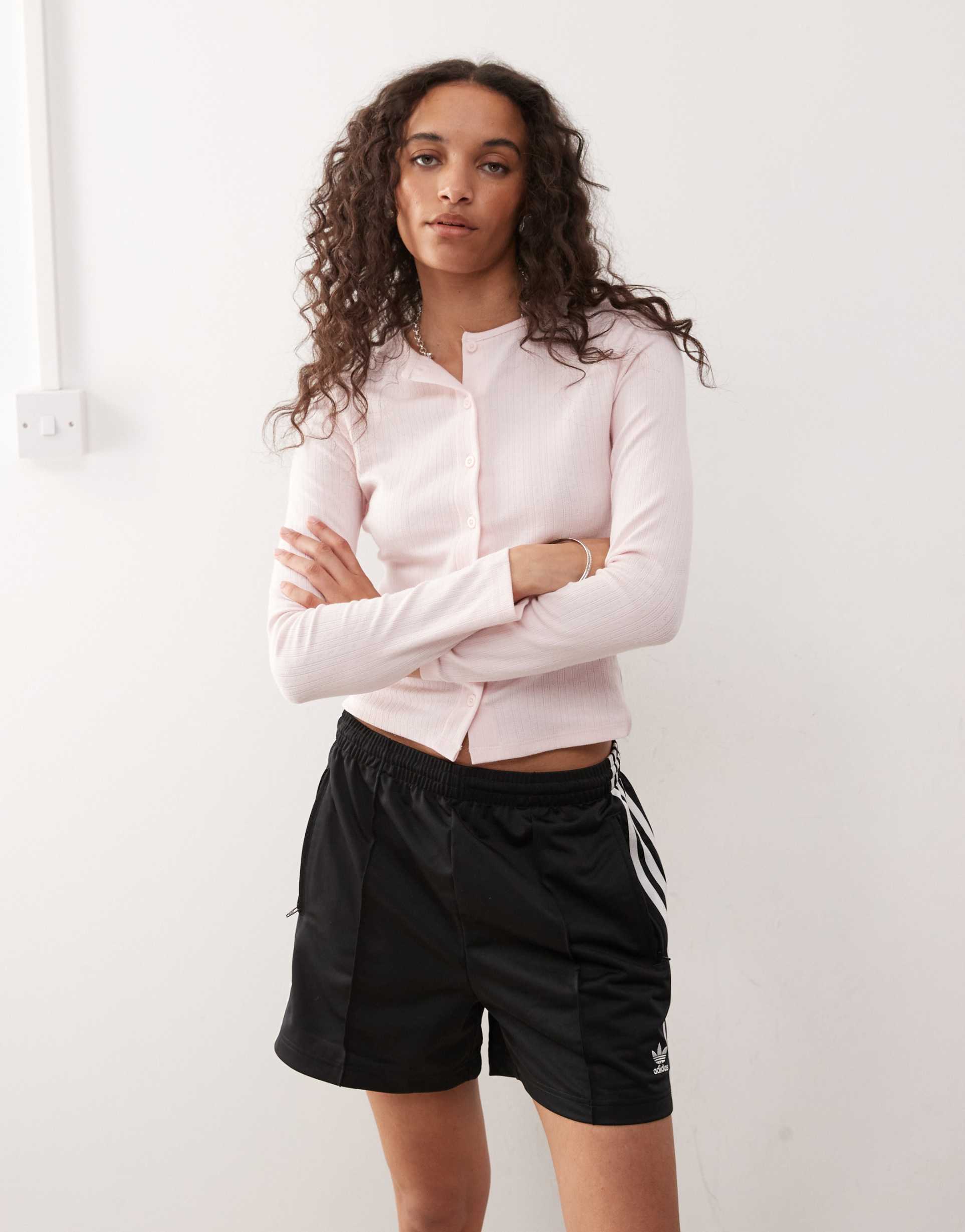 collusion long sleeve pointelle cardigan in soft pink