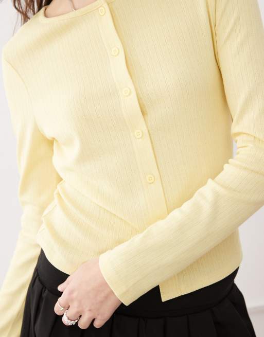 COLLUSION long sleeve pointelle cardigan in soft yellow