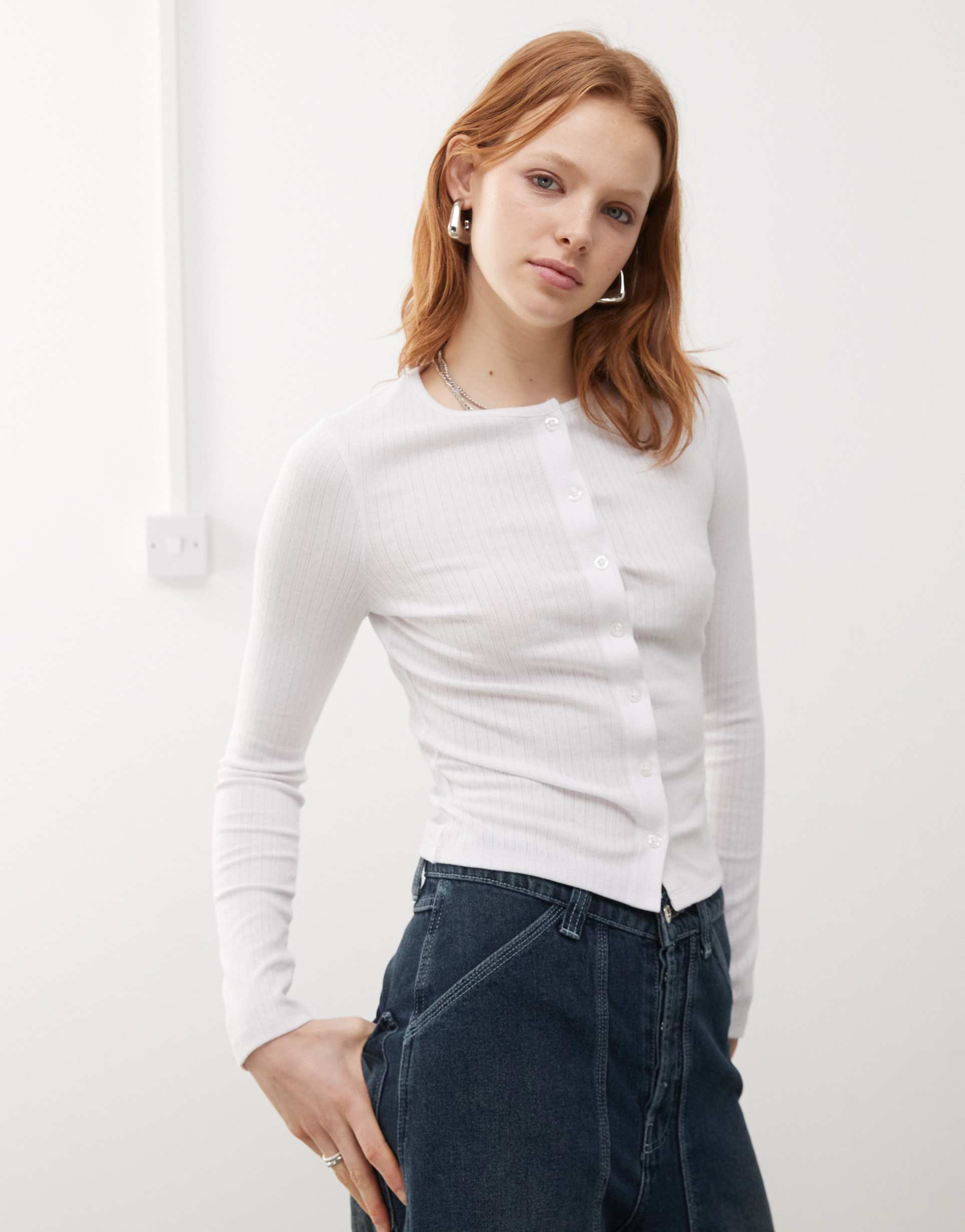collusion long sleeve pointelle cardigan in white