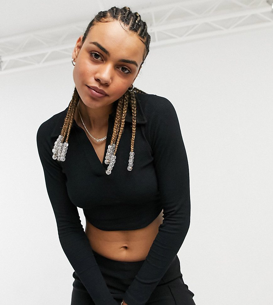COLLUSION long sleeve polo crop top in black-White