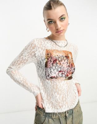 COLLUSION long sleeve printed lace top in cream