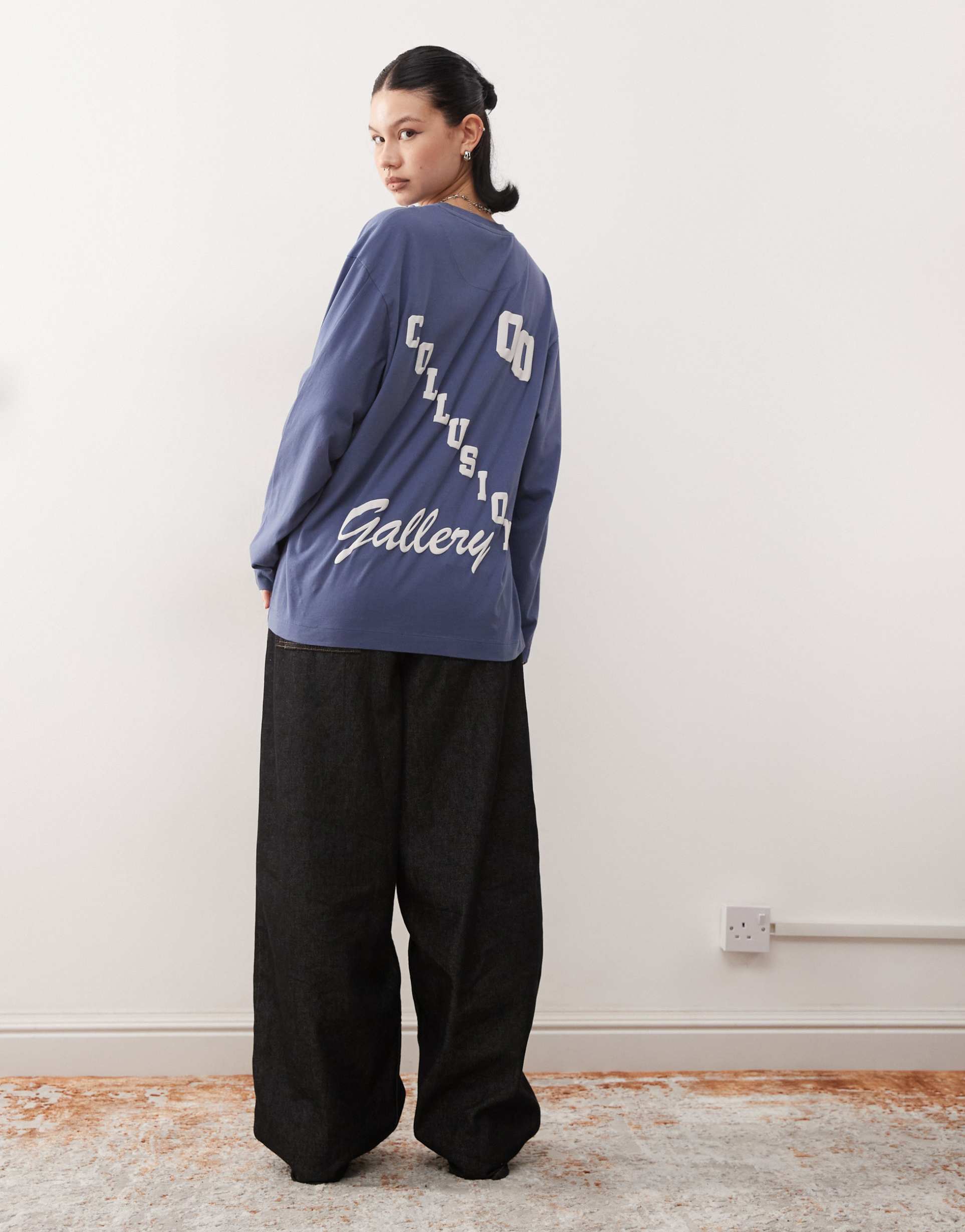 collusion long sleeve relaxed graphic washed t-shirt in dark blue