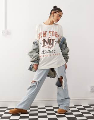 Collusion Long Sleeve Relaxed Washed Out New York T-shirt-white