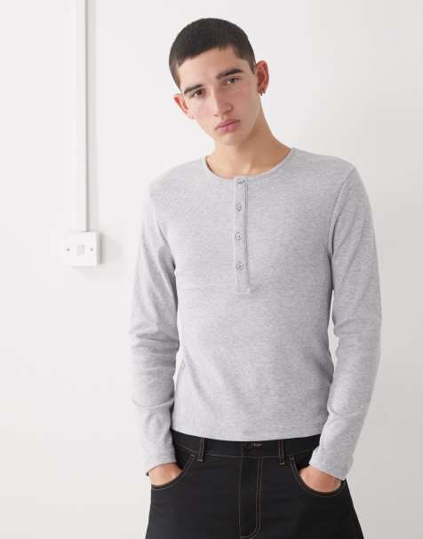 COLLUSION long sleeve rib henley slim fit in grey marl - view 1