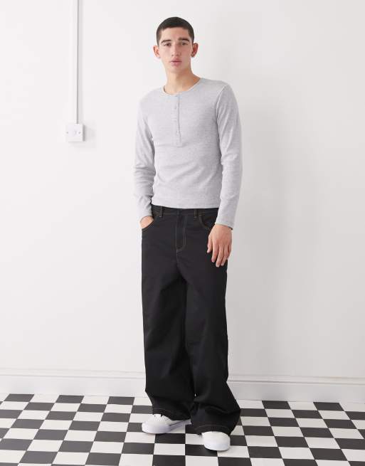 COLLUSION - Gråmeleret og langærmet Henley-trøje i slim fit med ribber