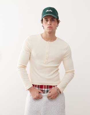 Collusion COLLUSION long sleeve rib henley slim fit in stone-Neutral