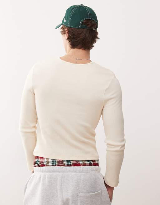 COLLUSION long sleeve rib henley slim fit in stone, 3 of 4