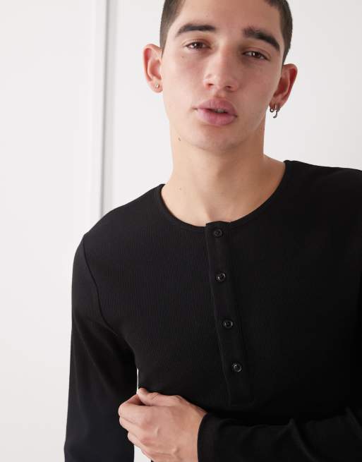 COLLUSION long sleeve rib Henley slim fit T-shirt in black