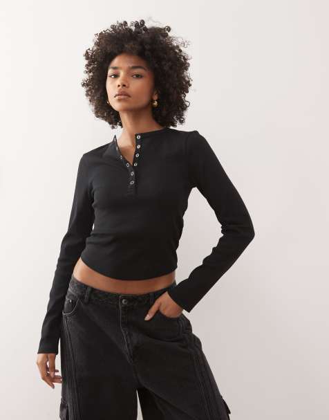 COLLUSION long sleeve rib henley top in black
