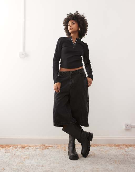 COLLUSION long sleeve rib henley top in black, 2 of 4