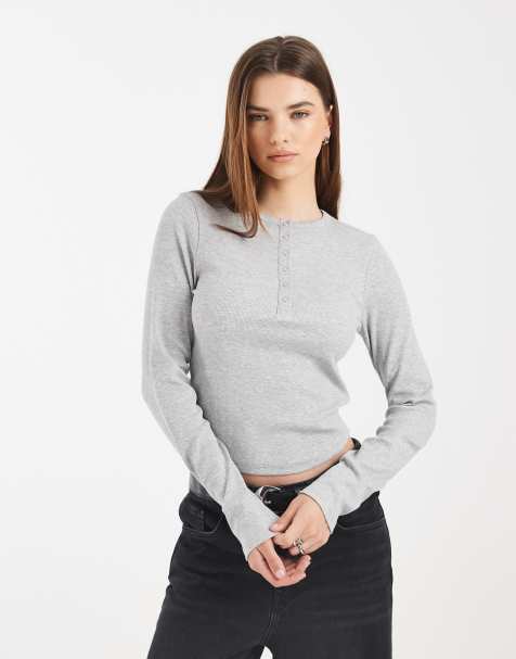 COLLUSION long sleeve rib henley top in grey marl - view 1