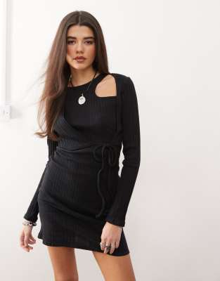 long sleeve rib mini dress with asymmetric tie and cut out detail-Black