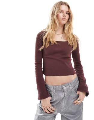 COLLUSION long sleeve rib square neck top in burgundy - ASOS Price Checker