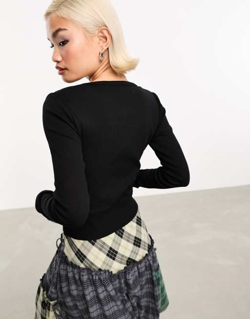COLLUSION long sleeve ribbed graphic top in black, 2 of 4