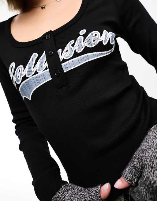 COLLUSION long sleeve ribbed graphic top in black, 4 of 4