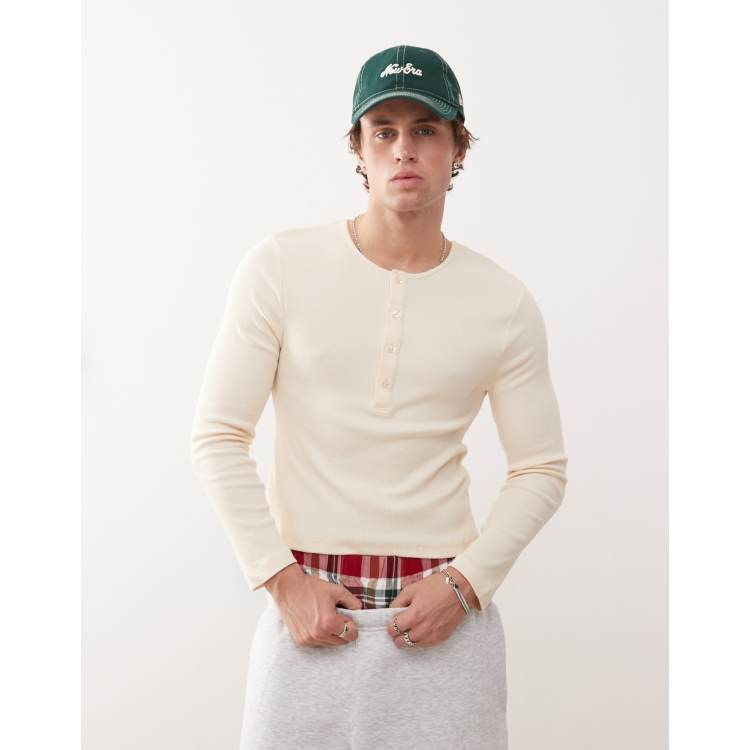 【INCHANT ME】Henley Neck Ribbed Slim Fit T-Shirt COLLUSION long sleeve ribbed henley slim fit t-shirt in