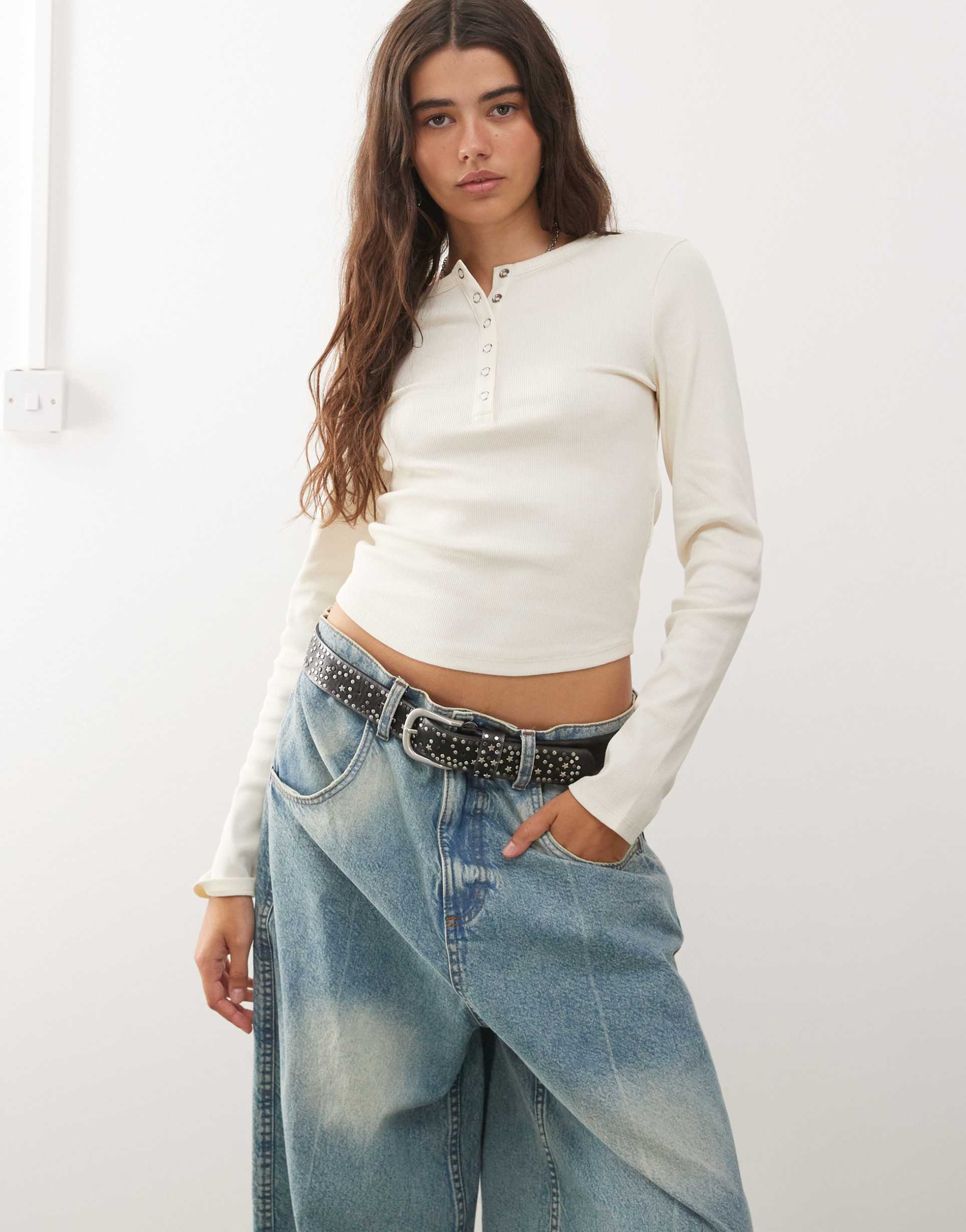 collusion long sleeve ribbed henley top in ecru