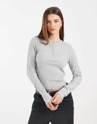 Collusion Long Sleeve Ribbed Henley Top In Multi