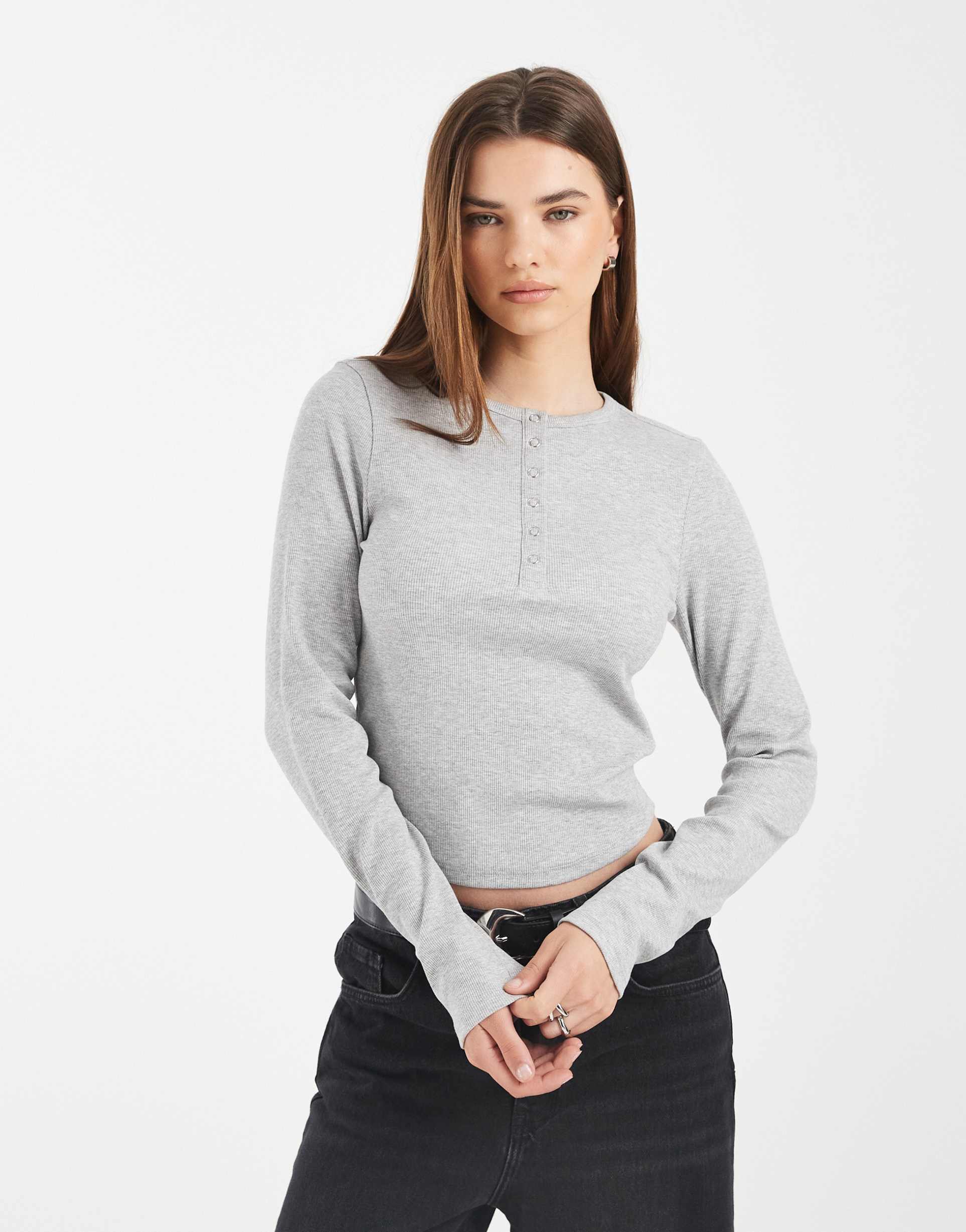 collusion long sleeve ribbed henley top in gray heather