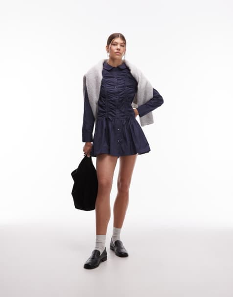 COLLUSION long sleeve ruched mini shirt dress in navy - view 1