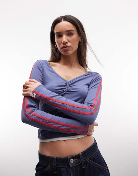 COLLUSION long sleeve ruched v neck sports tee in navy - view 1