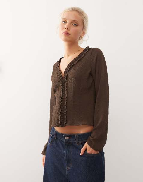 COLLUSION long sleeve ruffle blouse in brown - view 1