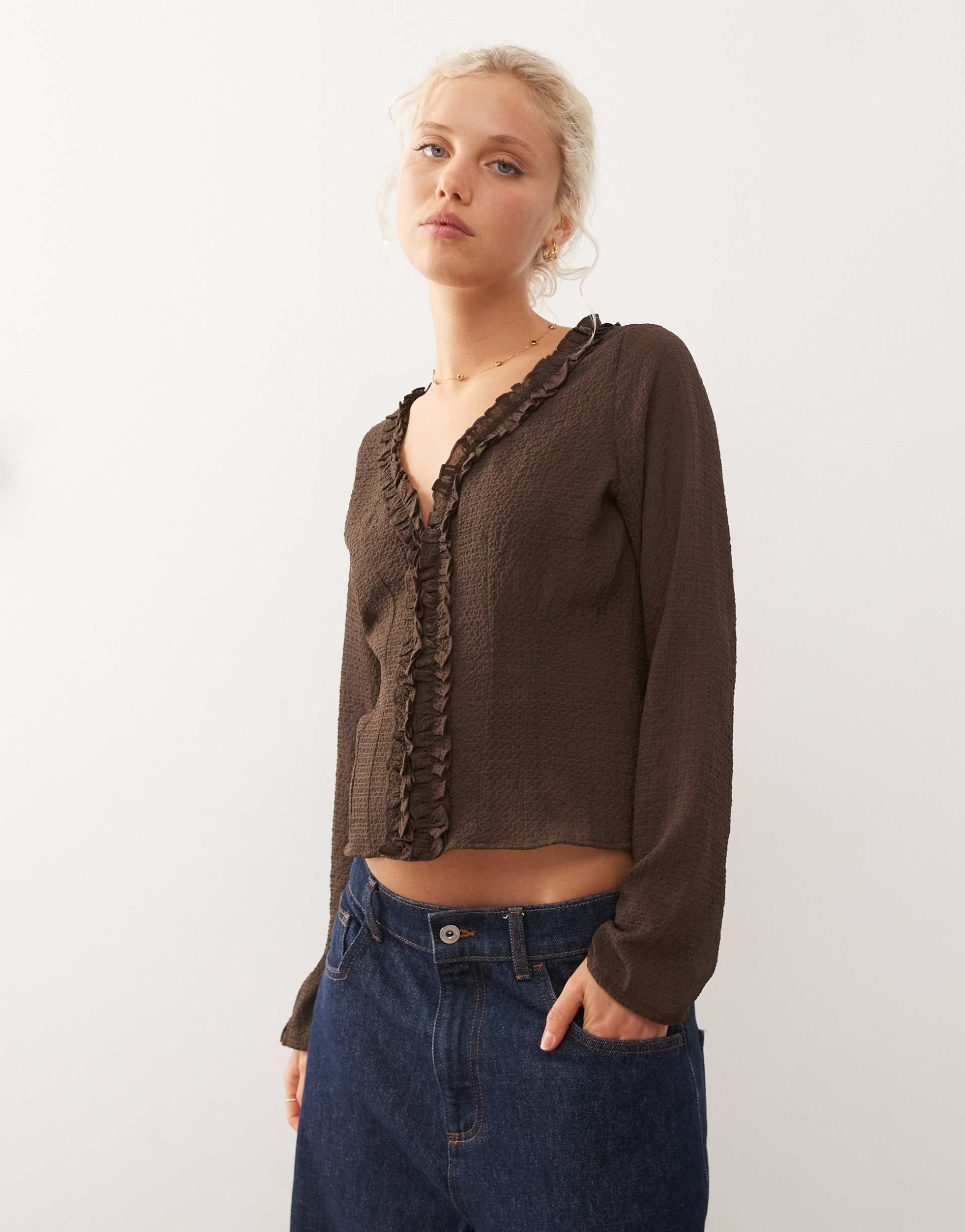 collusion long sleeve ruffle blouse in brown