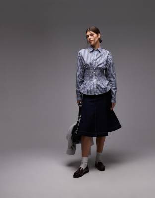 Collusion Long Sleeve Shirred Waist Striped Shirt In Green
