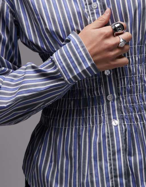 COLLUSION long sleeve shirred waist striped shirt in green, 3 of 4