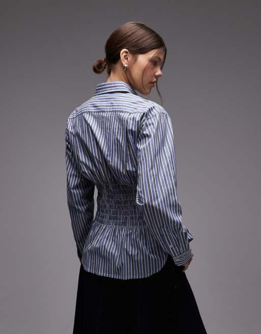 COLLUSION long sleeve shirred waist striped shirt in green, 4 of 4