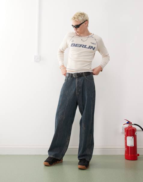COLLUSION long sleeve shrunken Berlin graphic football tee in stone - view 1