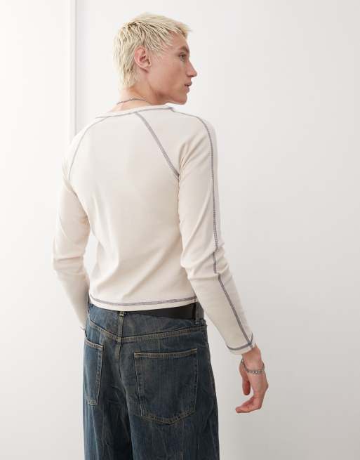COLLUSION long sleeve shrunken Berlin graphic football tee in stone, 4 of 4
