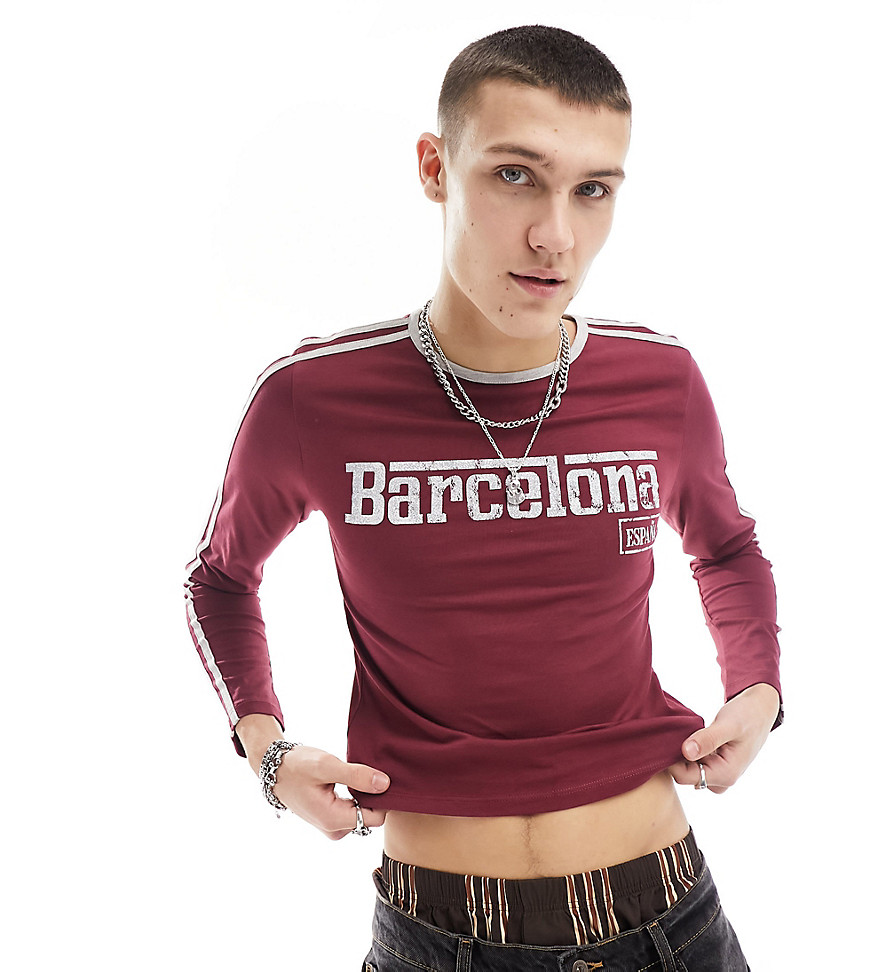 COLLUSION Long sleeve shrunken football t-shirt in brown-Red