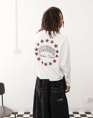 Collusion Long Sleeve Skater Dept Varsity T-shirt With Back Graphic In White