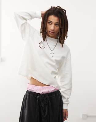 Collusion Long Sleeve Skater Dept Varsity T-shirt With Back Graphic In White