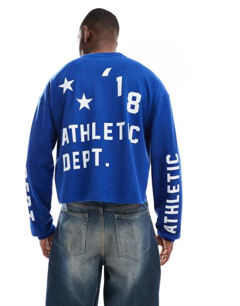 COLLUSION Long sleeve skater fit t-shirt with athletic print in blue - view 1