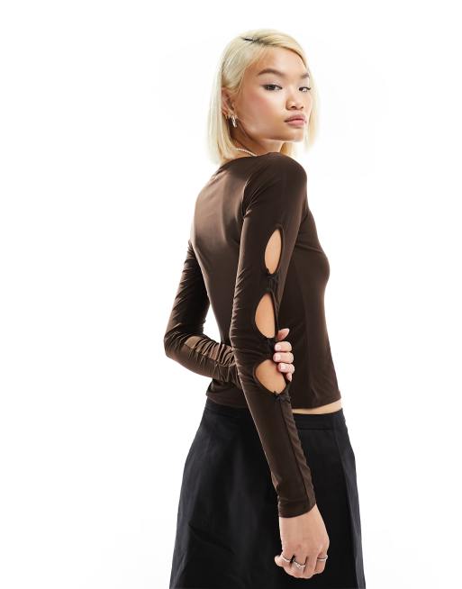 COLLUSION long sleeve slash neck ribbon trim top in brown