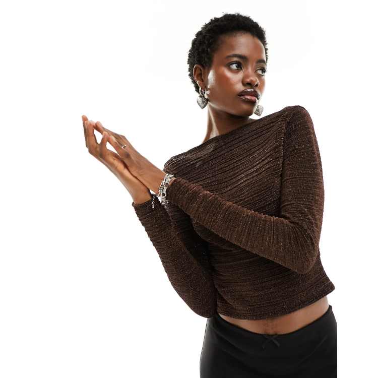 COLLUSION long sleeve slash neck shimmer top in brown | ASOS