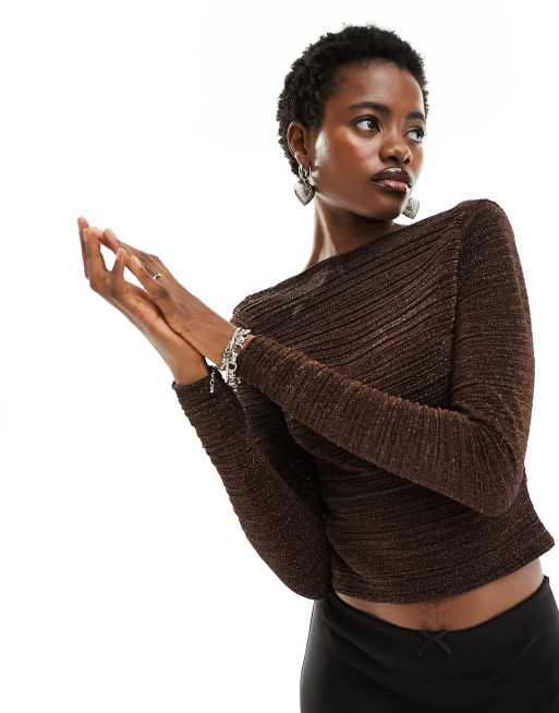 COLLUSION long sleeve slash neck shimmer top in brown | ASOS