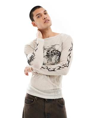 long sleeve slash neck T-shirt in multi tattoo print-White