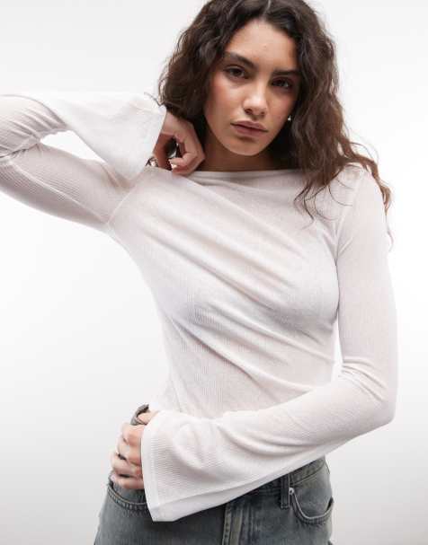 COLLUSION long sleeve slash neck textured mesh in white - view 1