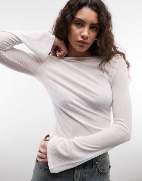 COLLUSION long sleeve slash neck textured mesh in white