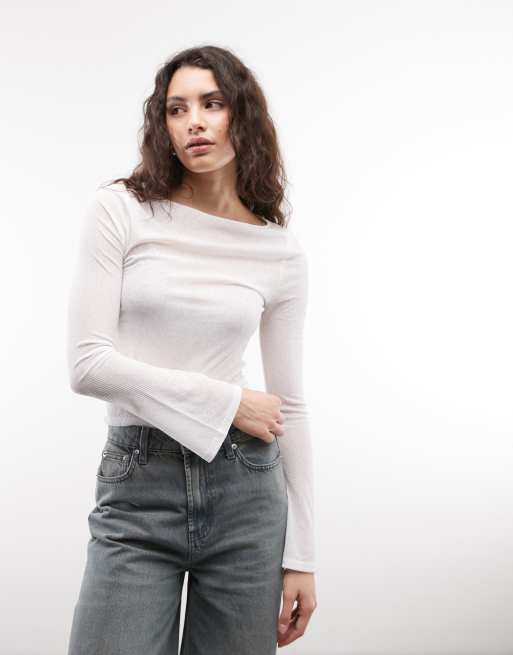 COLLUSION long sleeve slash neck textured mesh in white, 4 of 4