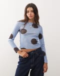 [Collusion] COLLUSION long sleeve slash neck top in light blue polka dot XS Light blue