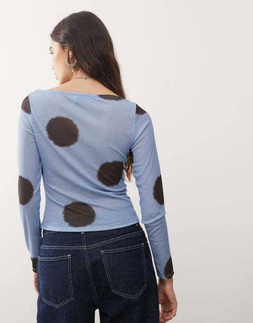 COLLUSION long sleeve slash neck top in light blue polka dot