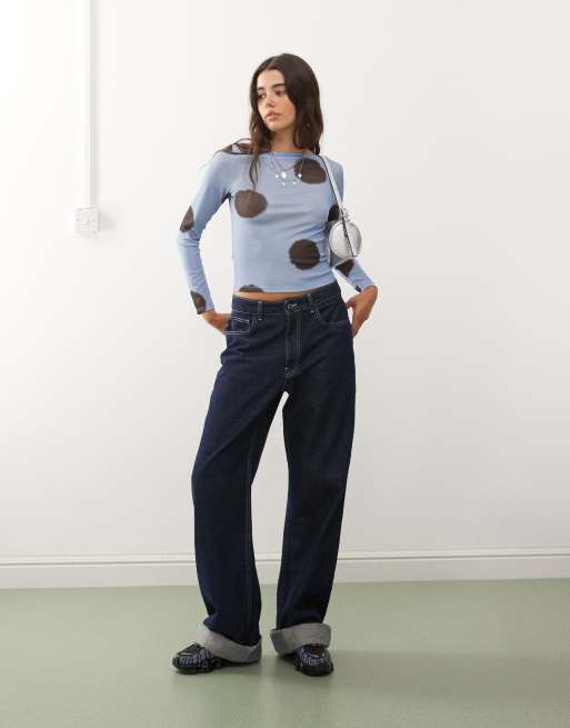 COLLUSION long sleeve slash neck top in light blue polka dot