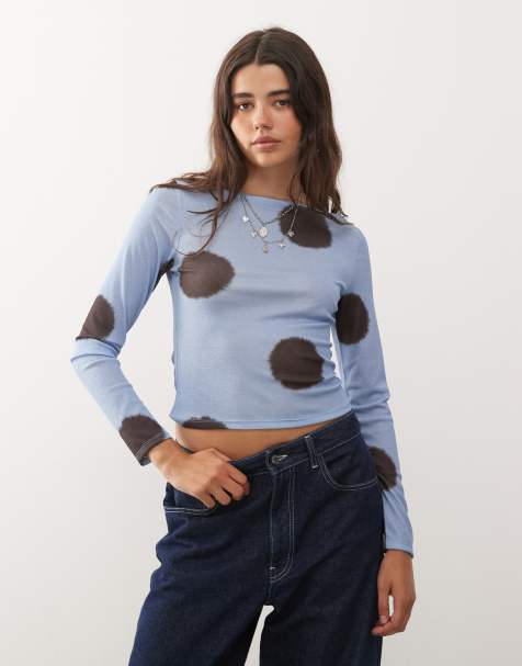 COLLUSION long sleeve slash neck top in light blue polka dots - view 1