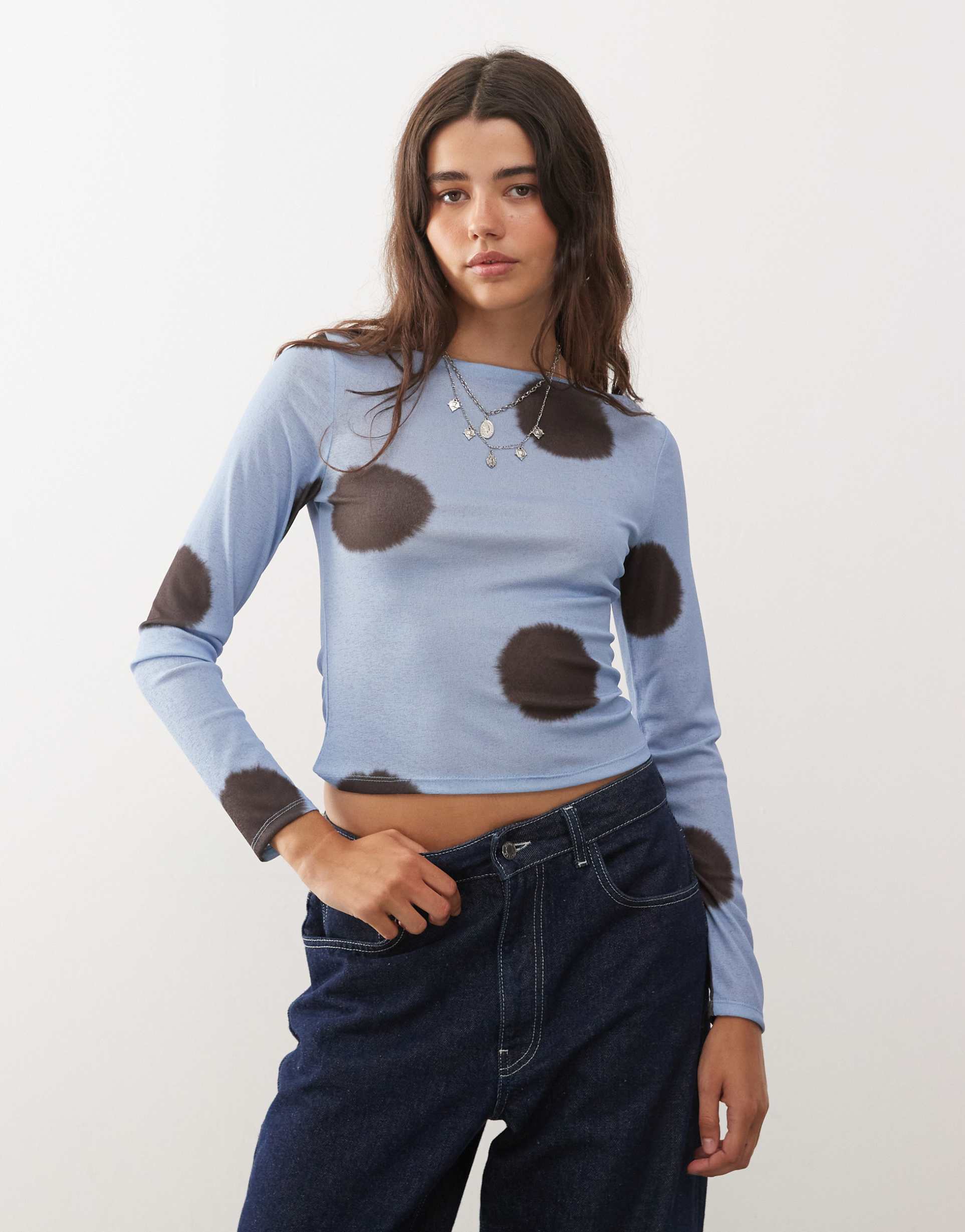 collusion long sleeve slash neck top in light blue polka dots