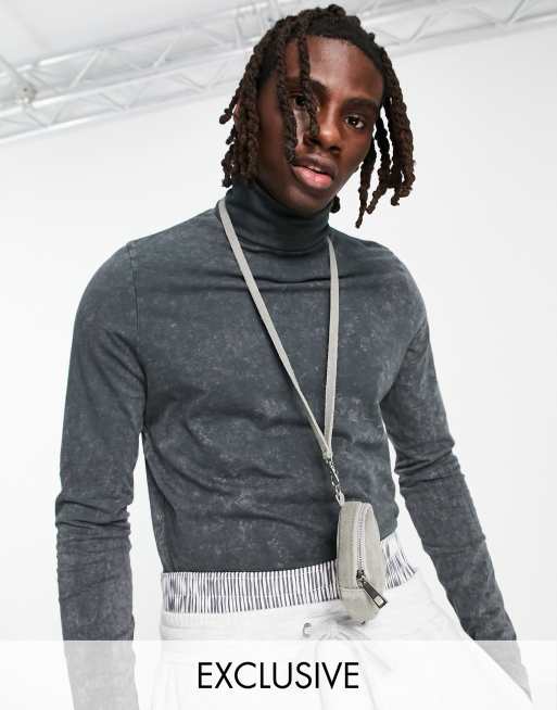 COLLUSION long sleeve slim fit roll neck t-shirt in charcoal acid wash