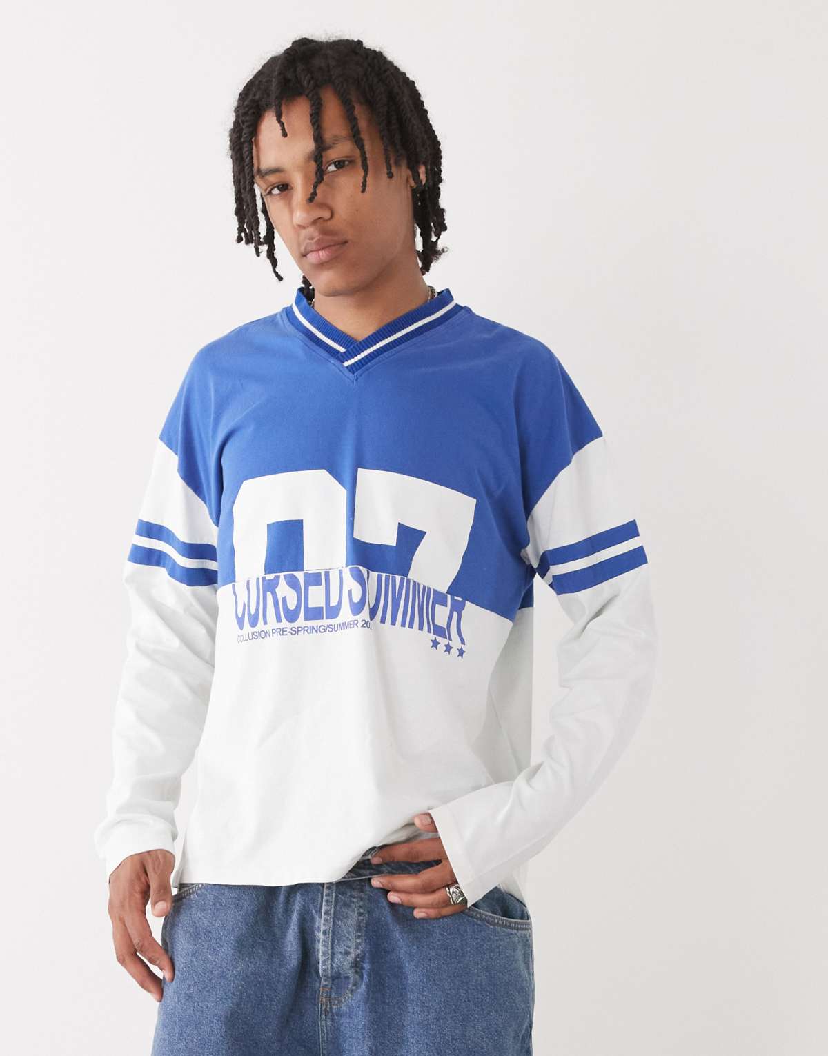 COLLUSION long sleeve splice football top in multi